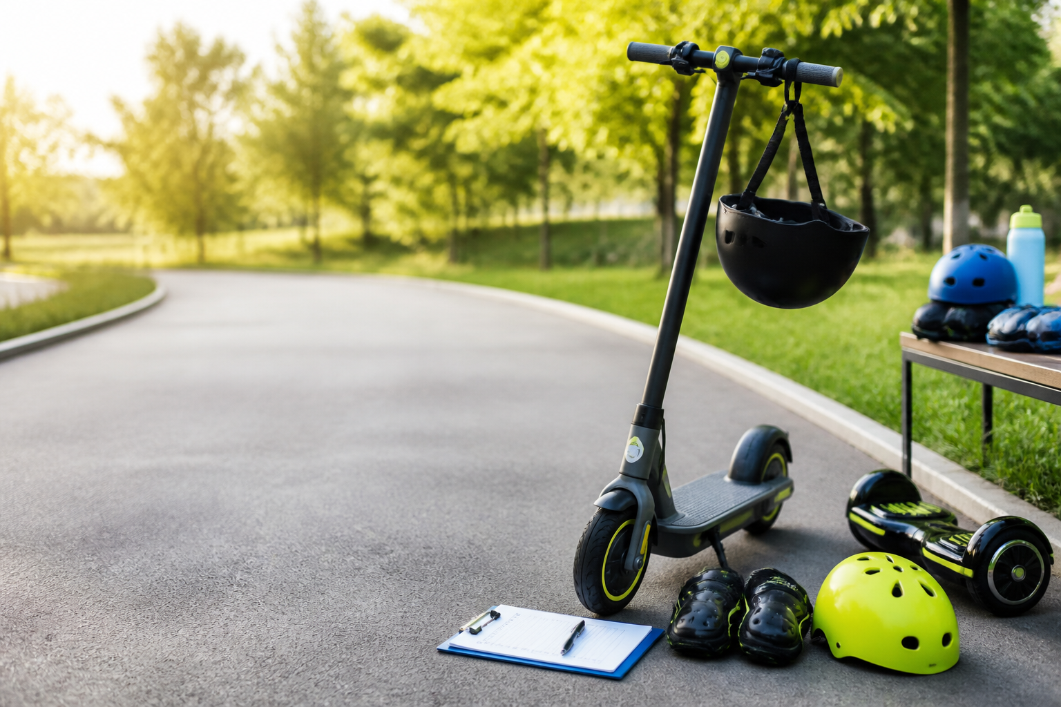 Kid-safe scooter and protective gear arranged beside a safe park path